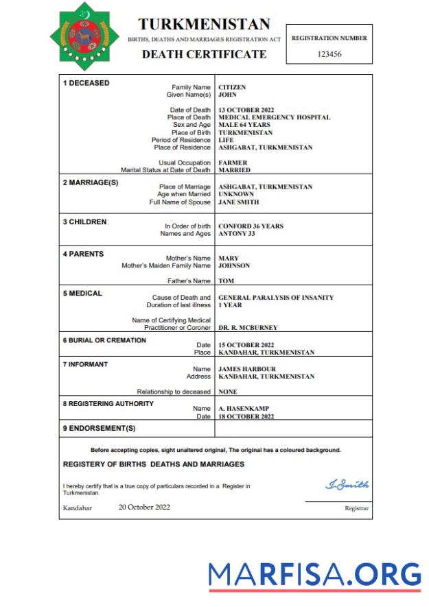 Downloadable Turkmenistan death certificate Word and PDF template